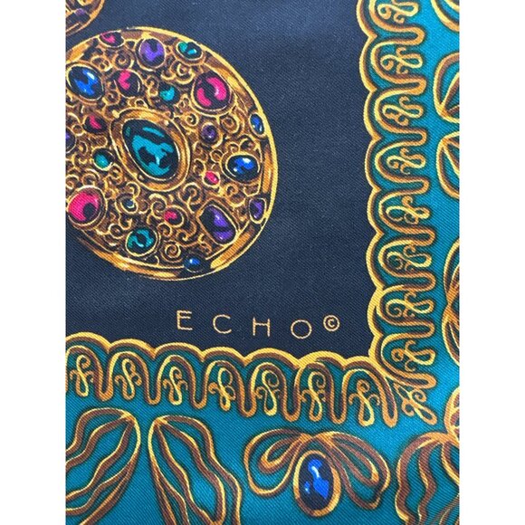 Vintage Echo Square Scarf Jewel Chain Print Blue & Gold Design 34.5"x34.5" Silk - Picture 4 of 5